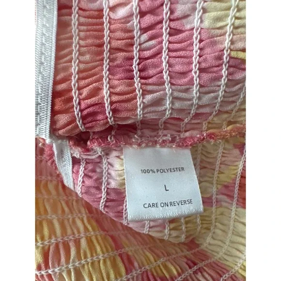 NY&C Tie Front Blouse Top Large Pink Yellow Orange Geometric Print Long Sleeve - Picture 4 of 6